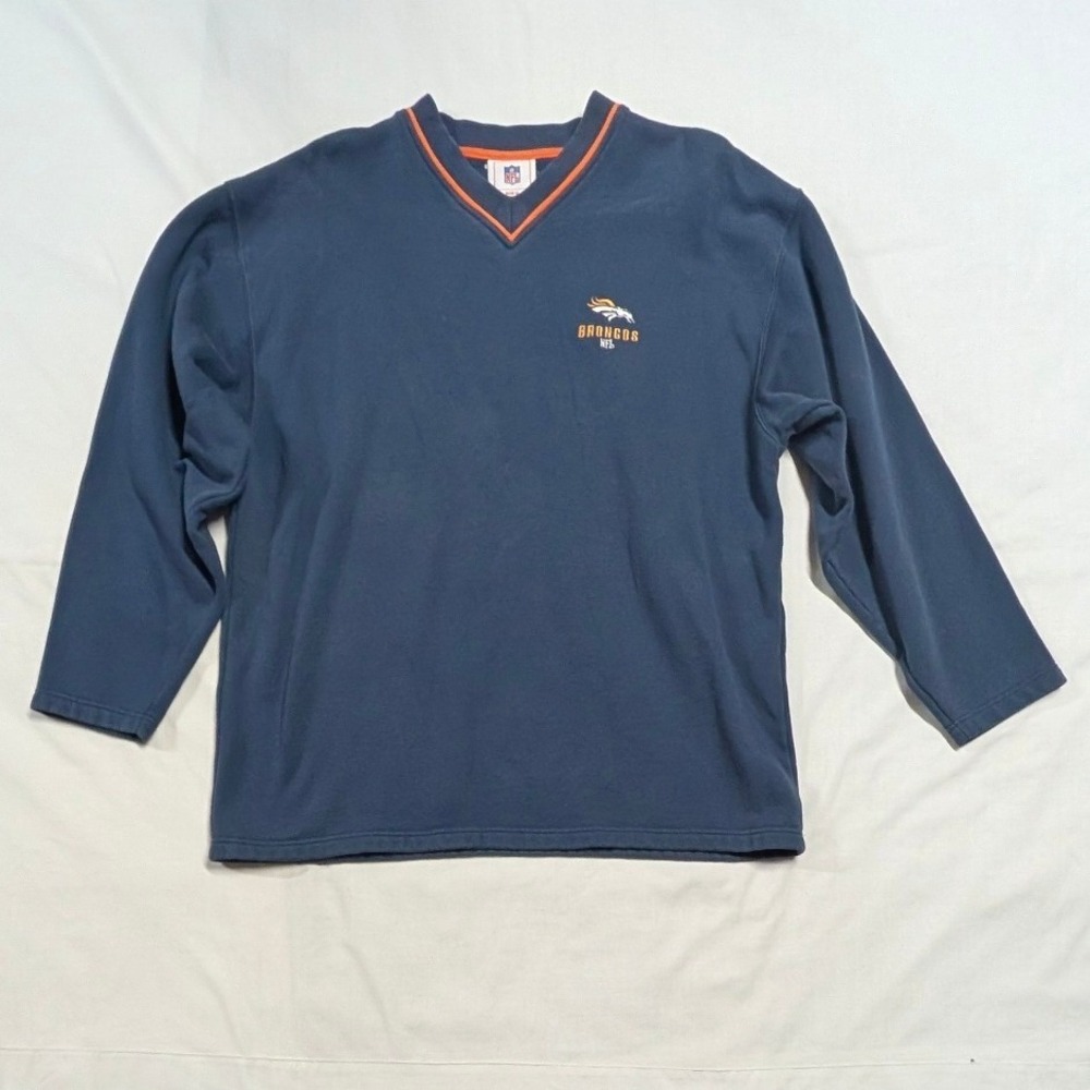NFL Denver Broncos Navy Blue V-Neck Fleece Pullover Sweatshirt Mens XL